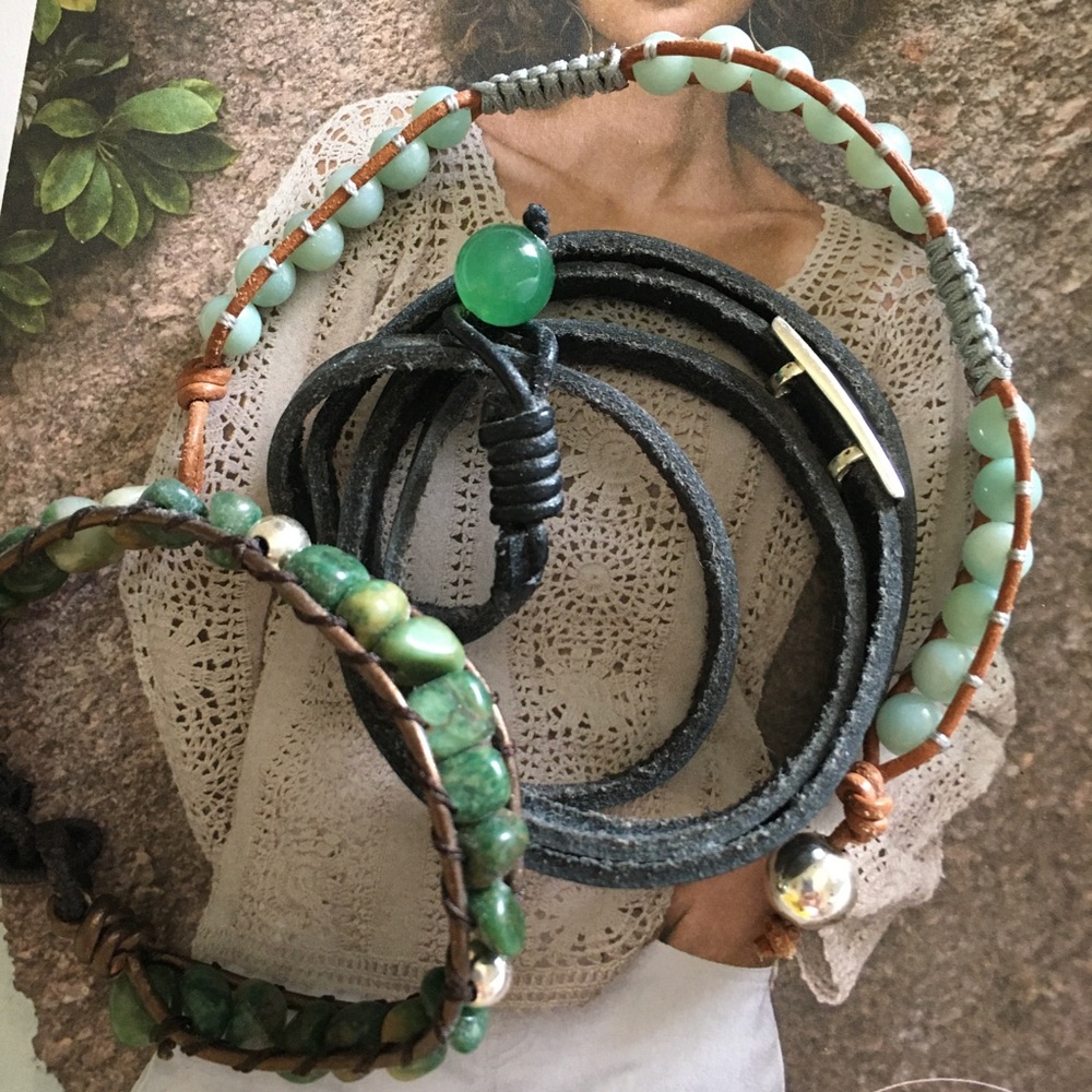 Gemstone Bracelets Set Trio Woven Leather Wrap